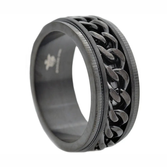 close up of Black Stainless Steel Chain Spinner Ring on white background