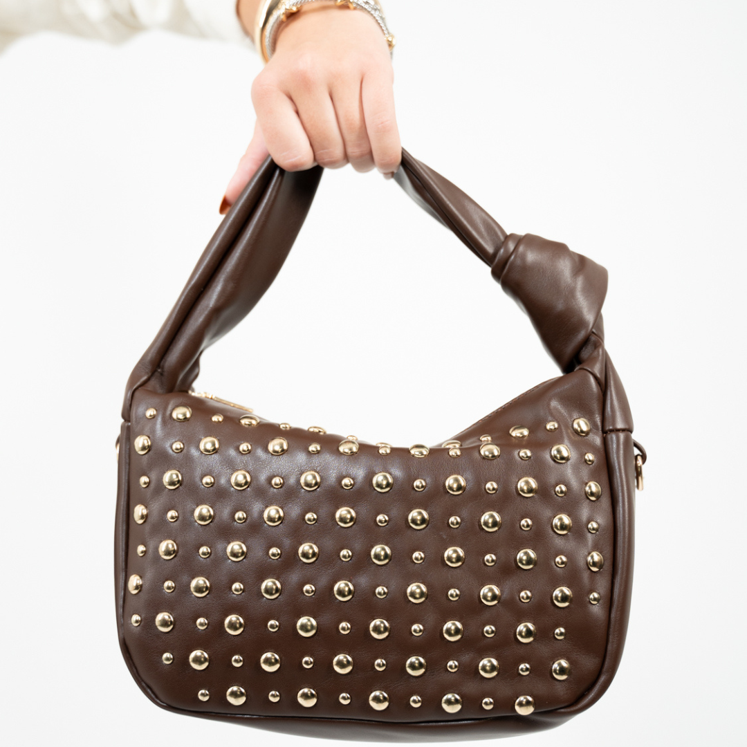 Brown faux leather studded shoulder bag