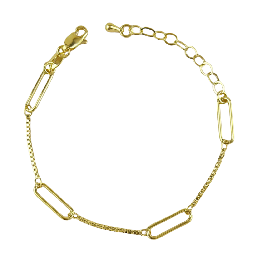 Gold chain link bracelet with a clasp on a white background