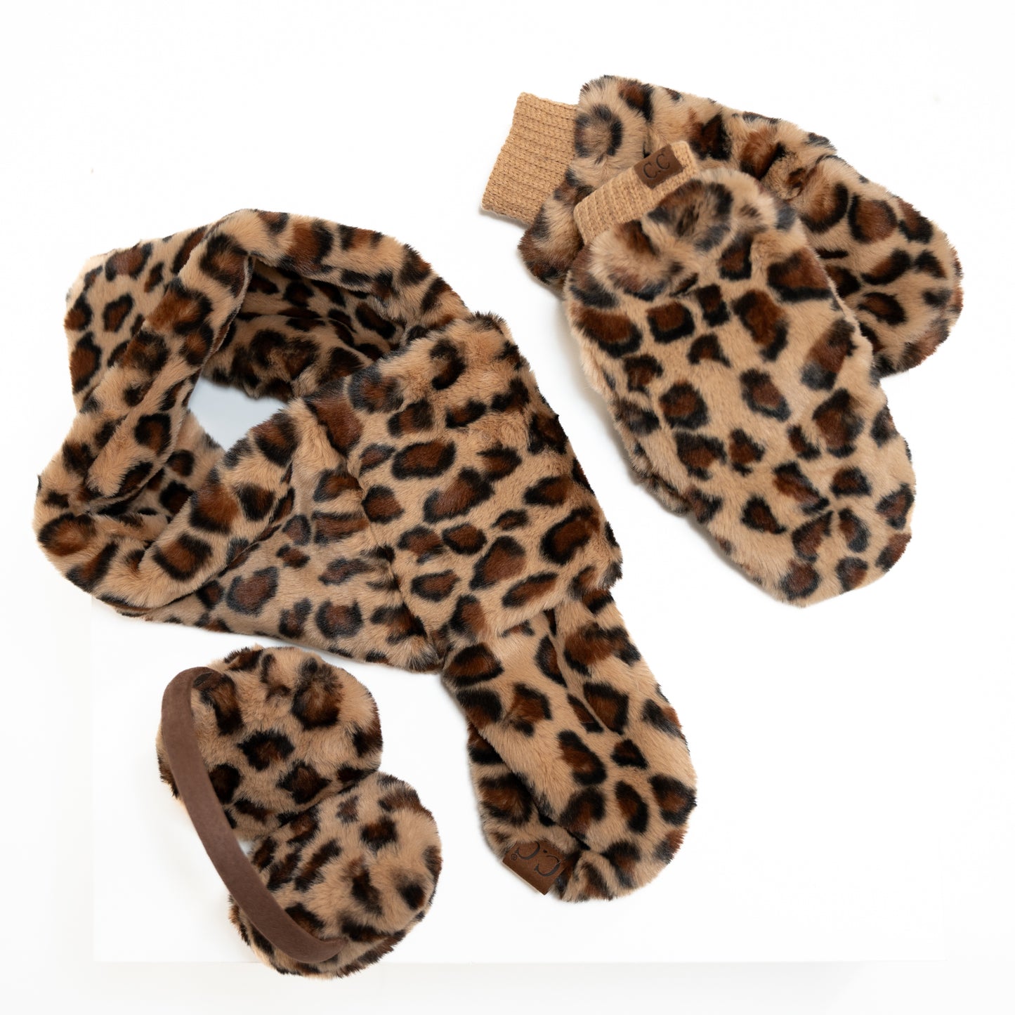 Faux Fur leopard scarf, faux fur leopard earmuffs, and faux fur mittens