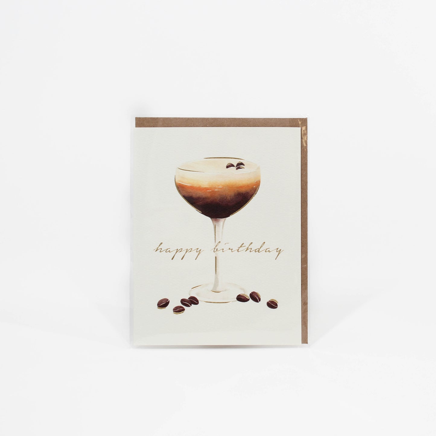 Greeting card with a coffee-themed design and 'happy birthday' text on a white background