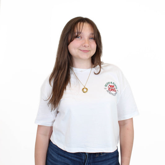 Front of Rossi's Pizza Box Cropped Tee