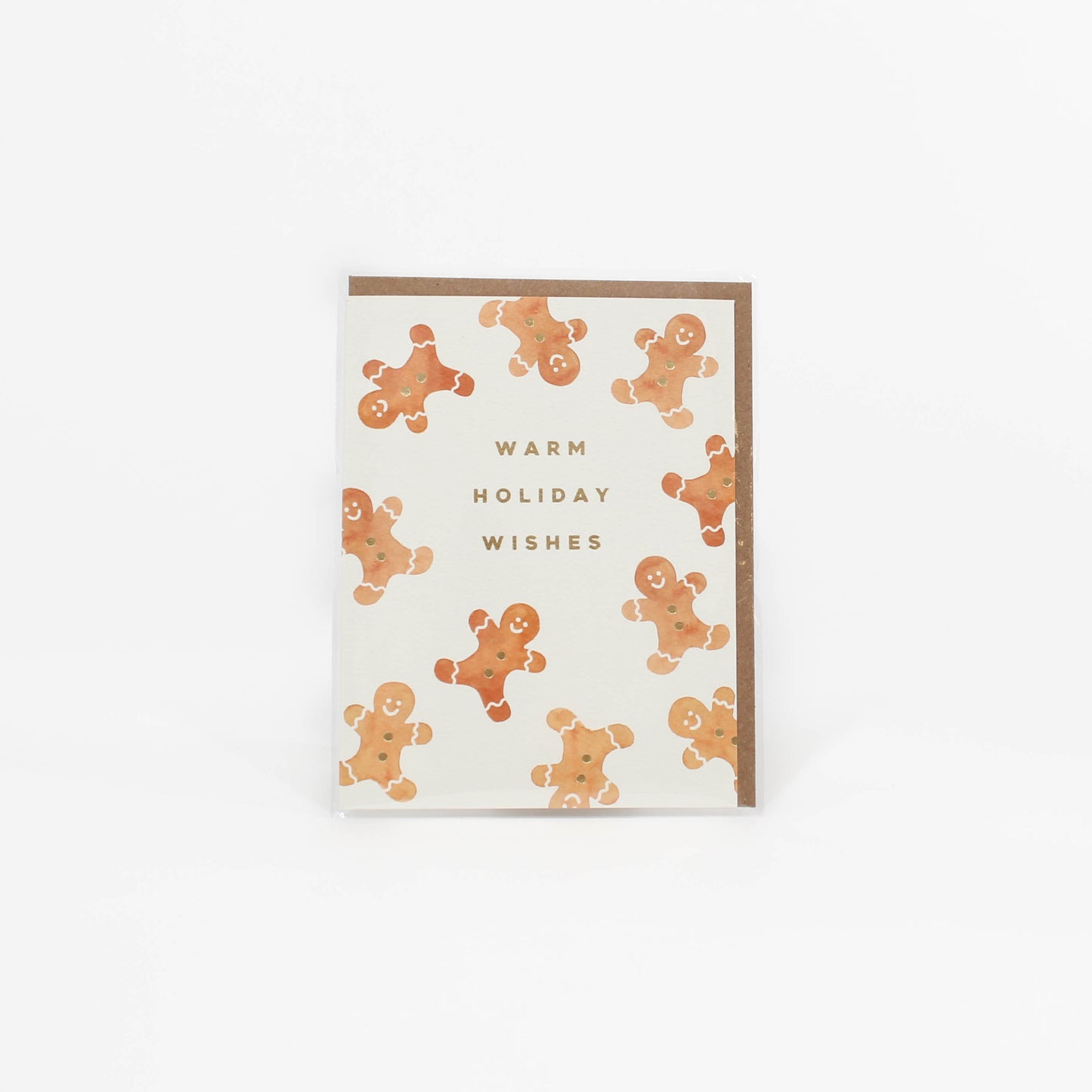 Greeting card with gingerbread men pattern and 'Warm Holiday Wishes' text on a white background