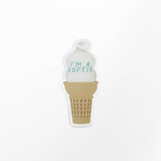 Ice cream cone-shaped sticker with 'I'm a Softie' text on a white background