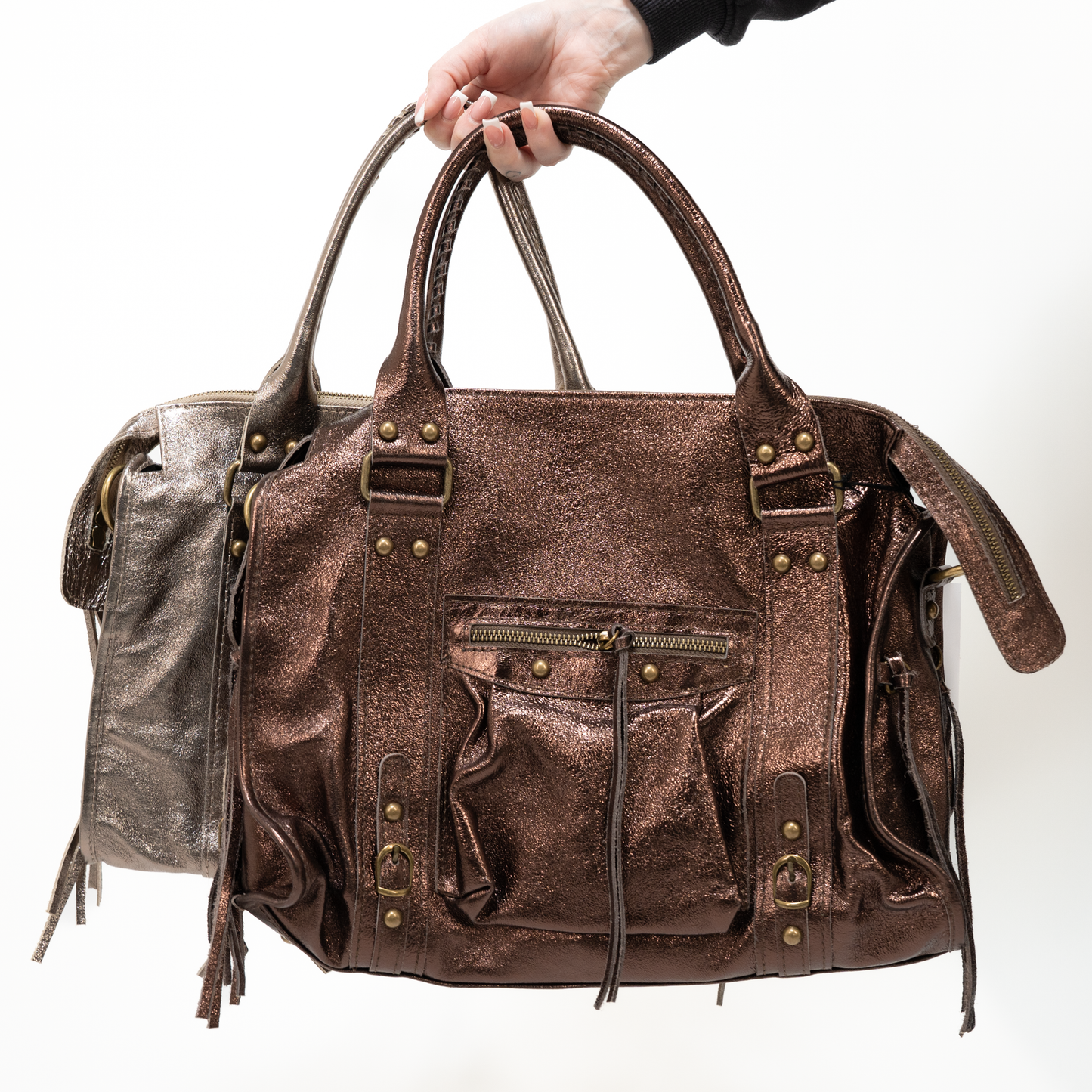 leather bag metallic shine italy italian gold silver blue bronze brown tote purse
