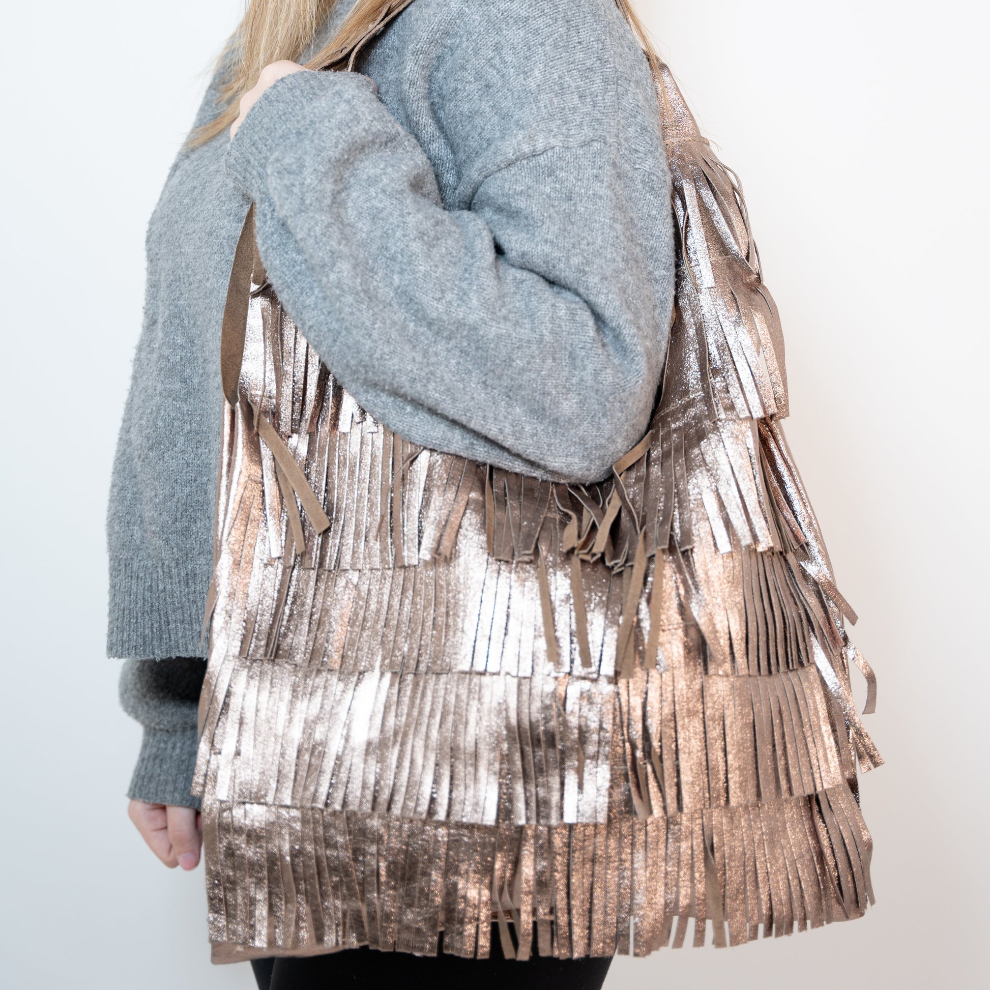 Leather Fringe Tote Bag italy real metallic