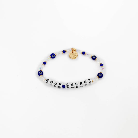 Little Words Project Bracelet with blue evil eye beads and 'Good Energy' text on a white background