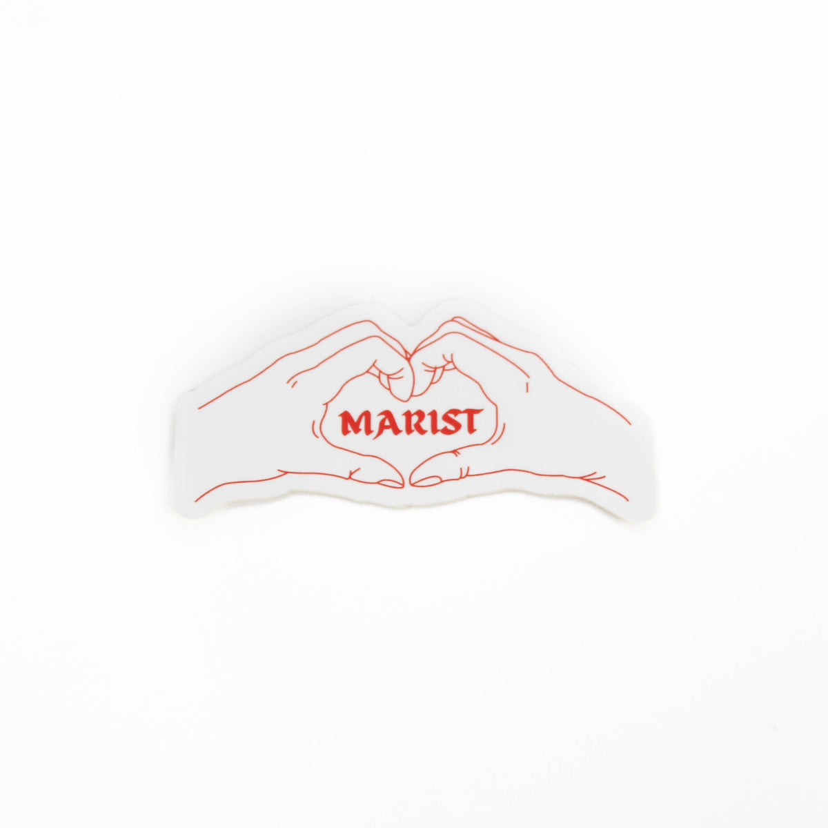 White sticker with red outline of hands forming a heart shape and 'MARIST' text on a white background