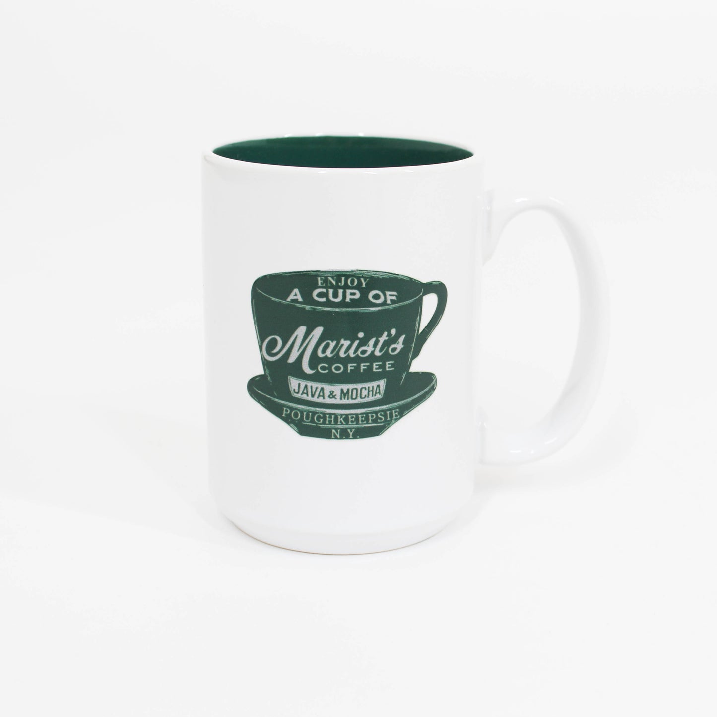 Marist white mug with coffee cup on it