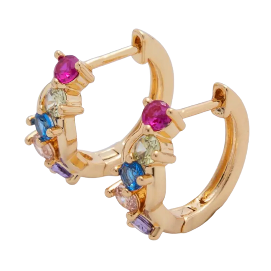 Multicolor Cluster Huggie Earrings on white background