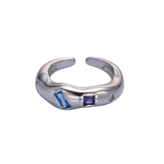 Multicolor Geometric Ring Silver with gemstones on white background