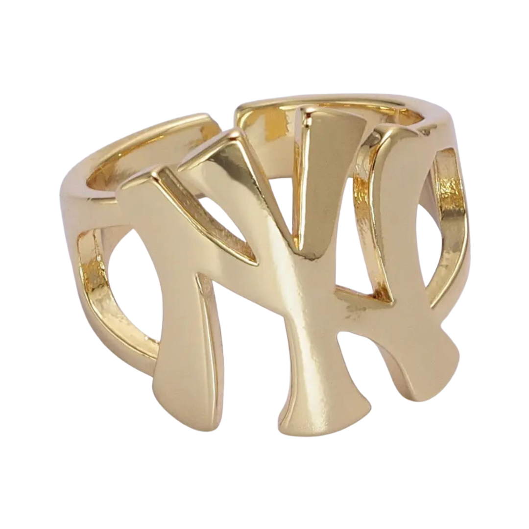 Gold ring with a NY Yankee logo on a white background