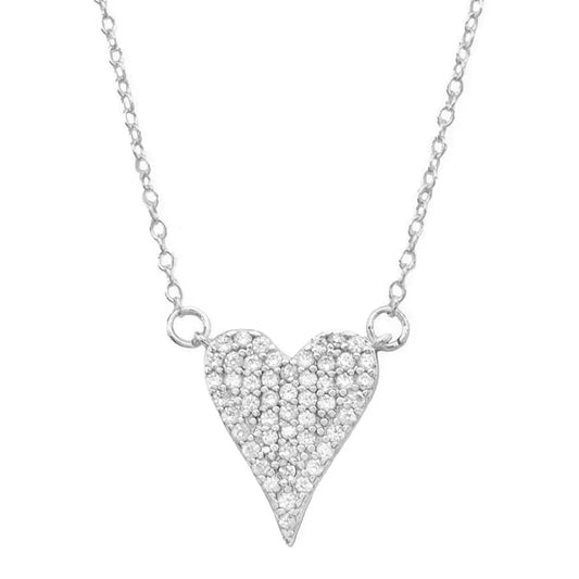 Silver heart-shaped pave necklace with embedded stones on a white background