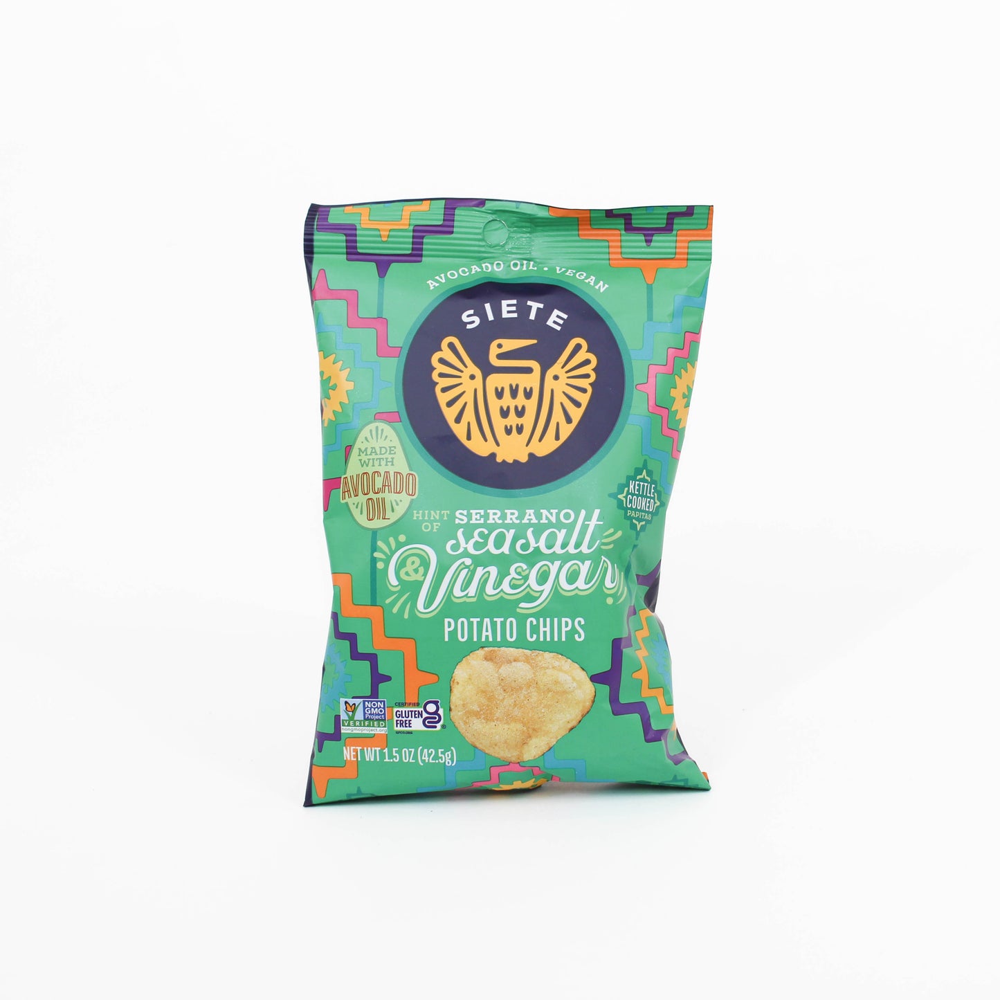 Siete brand potato chips on a white background