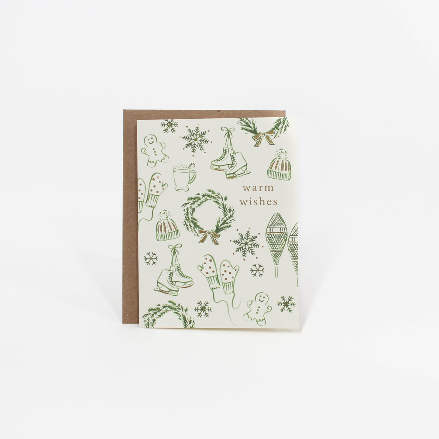 Greeting card with winter-themed illustrations on a white background