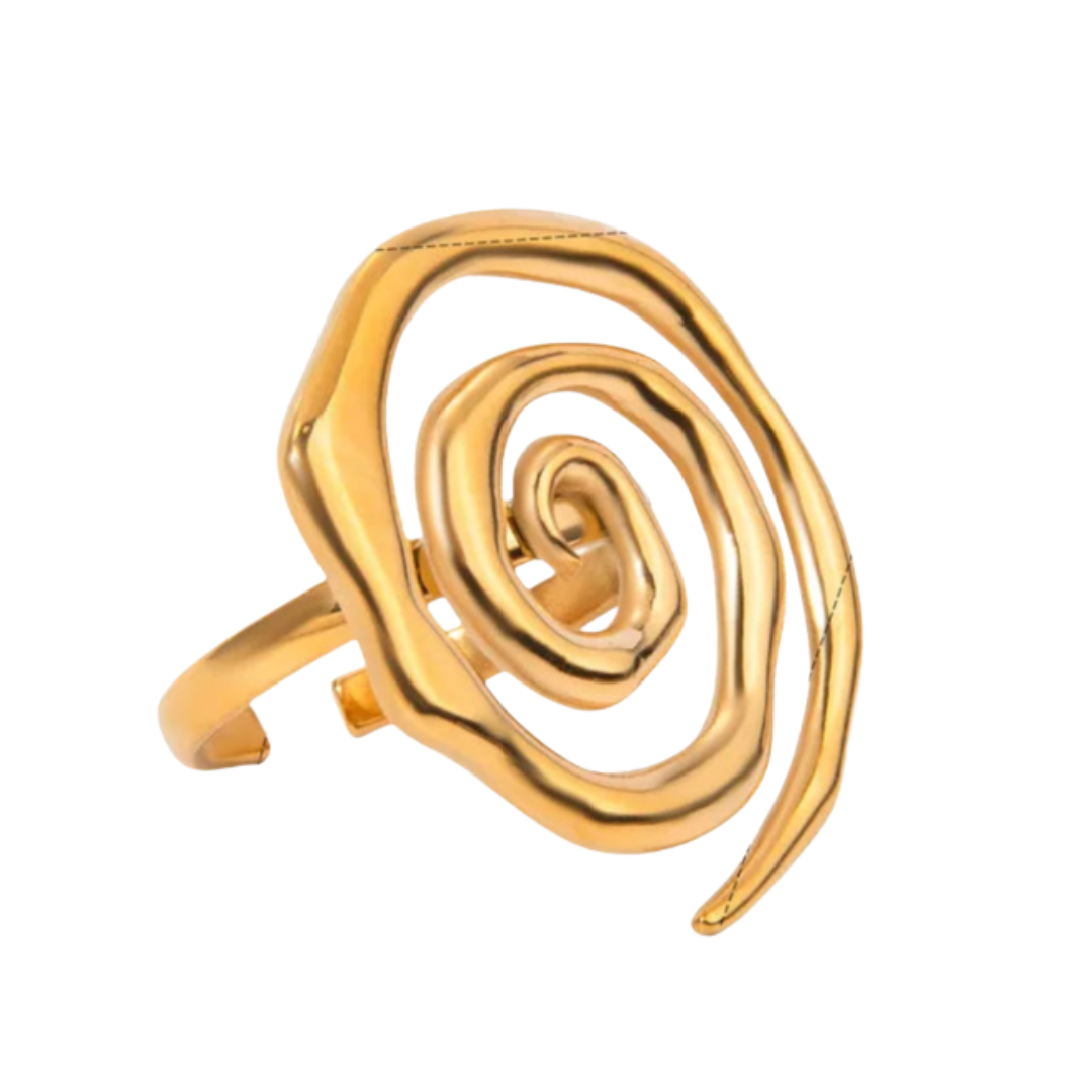 Gold spiral ring on a white background