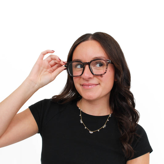 on model square frame blue light glasses