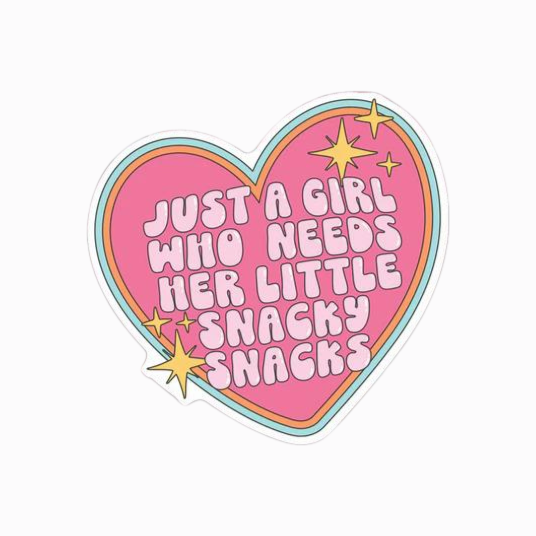 Vinyl pink heart sticker "just a girl who needs her little snacky snacks"