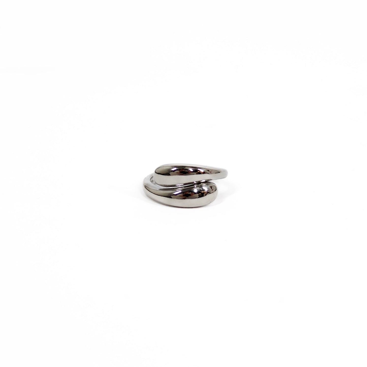 Metallic spiral wrap ring on a white background in silver