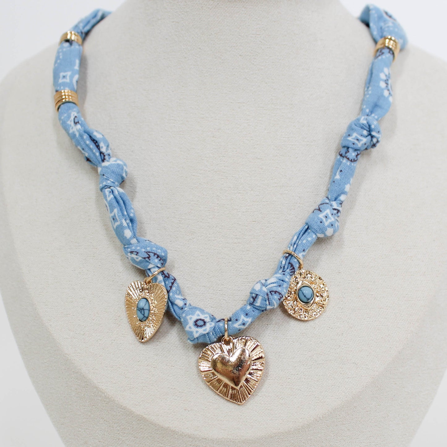 blue bandana necklace with gold charms