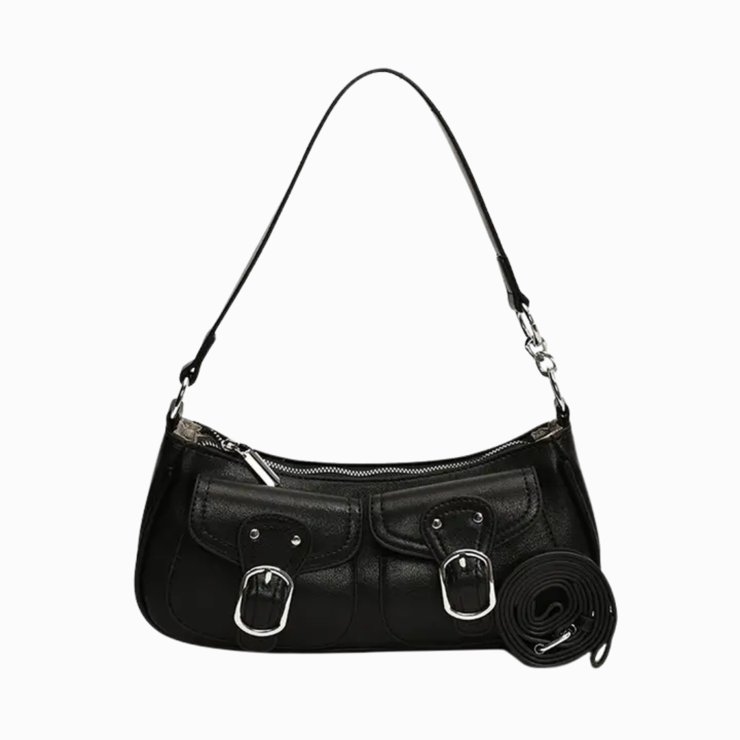 black cargo shoulder bag, spacious shoulder bag silver leather