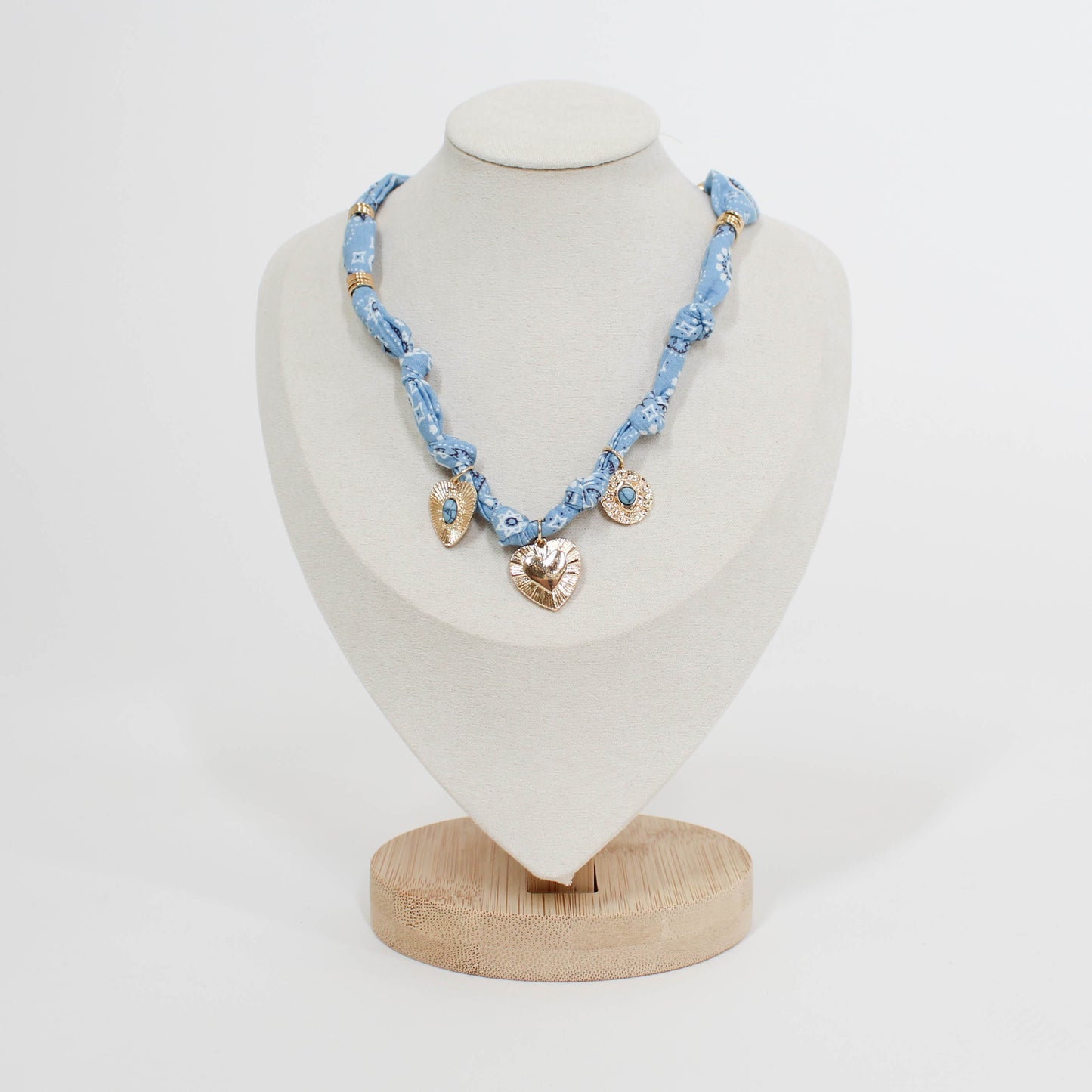blue bandana necklace with gold charms