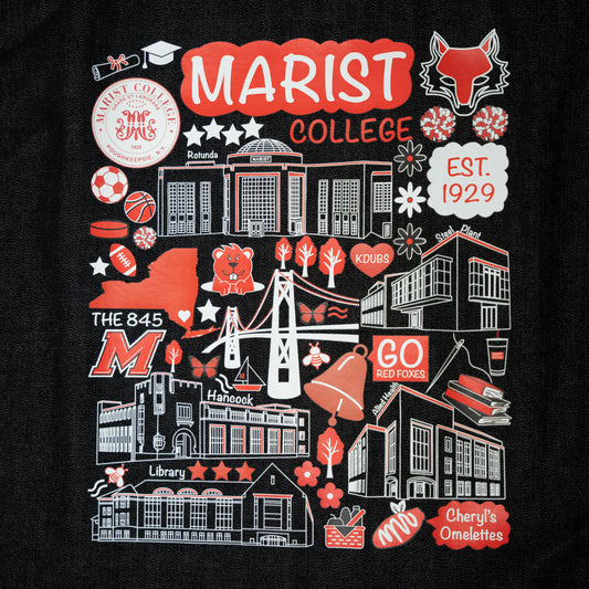 design up close of the Denim Marist College tote bag