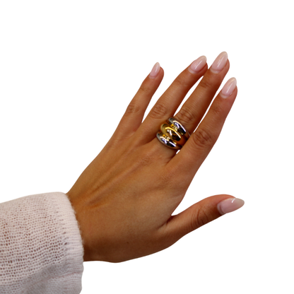 3-Tier two toned ring on hand model on white background
