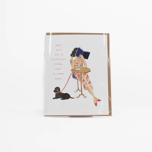 Birthday card with illustration of a woman with a dog and a book