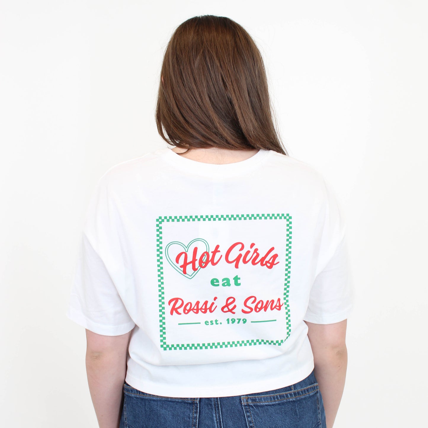 Back of Rossi's Pizza Box Cropped Tee