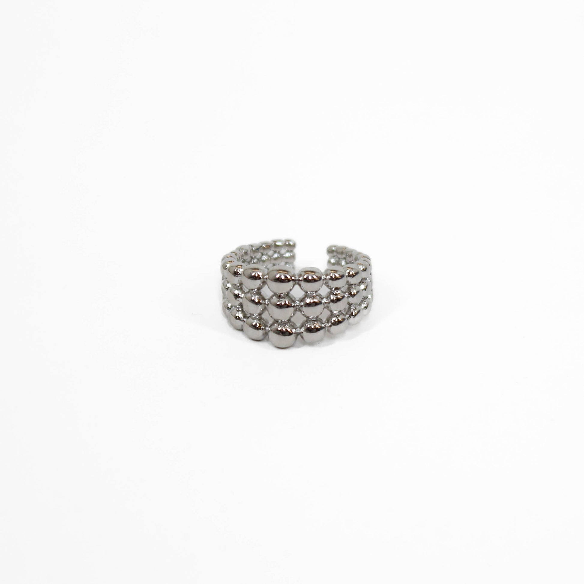 Beaded ball ring silver on a white background 