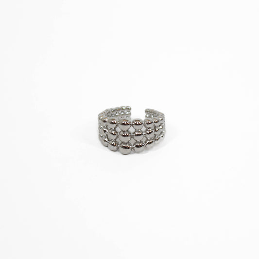 Beaded ball ring silver on a white background 
