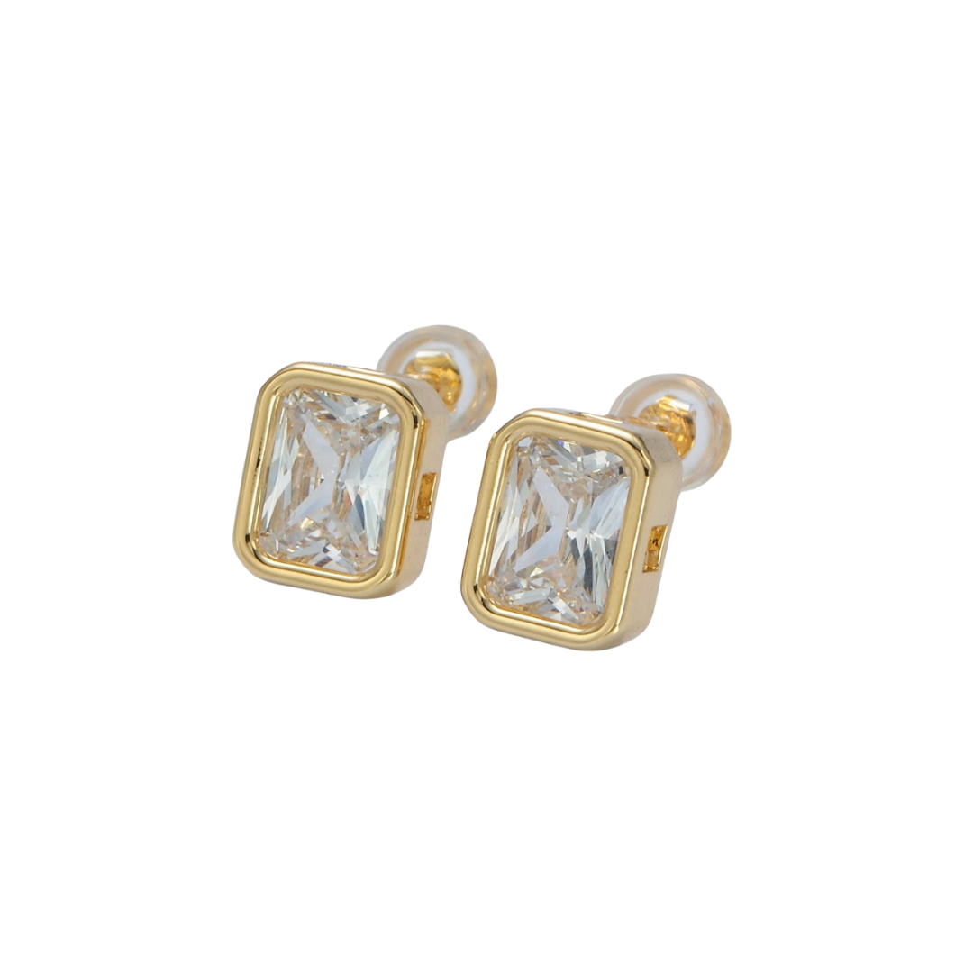 Gold square-cut gemstone bezel stud earrings on a white background