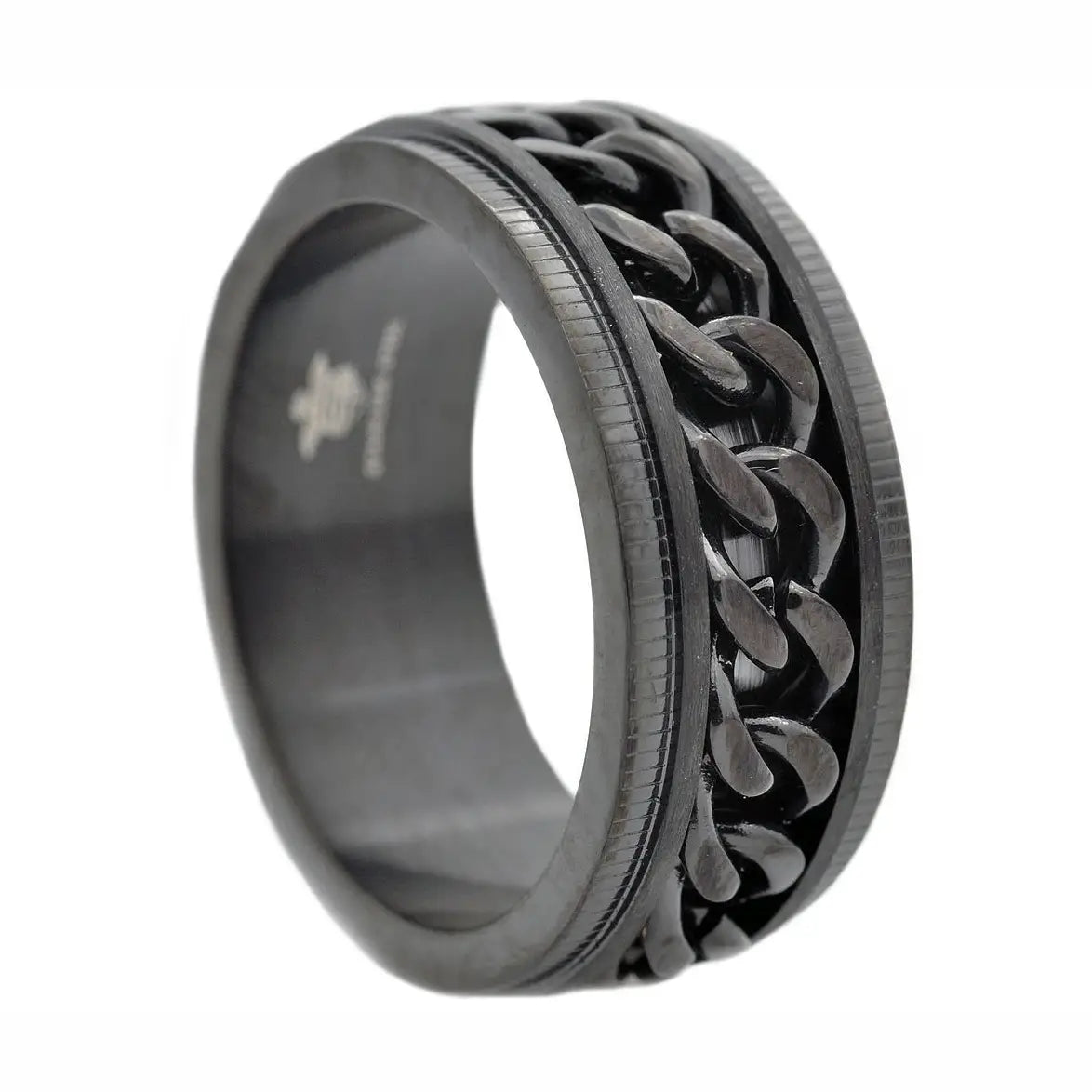 close up of Black Stainless Steel Chain Spinner Ring on white background