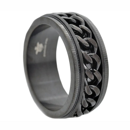 close up of Black Stainless Steel Chain Spinner Ring on white background
