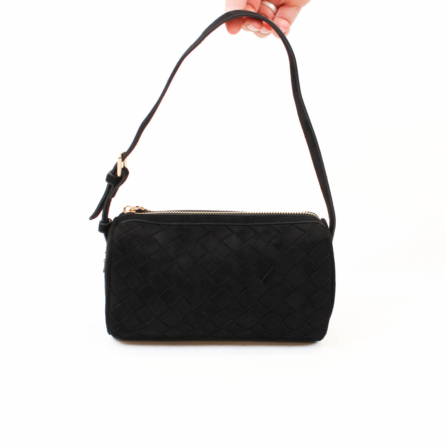 Black Woven Mini Shoulder Bag.
