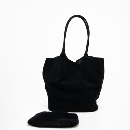 Black suede tote bag and black suede coin purse