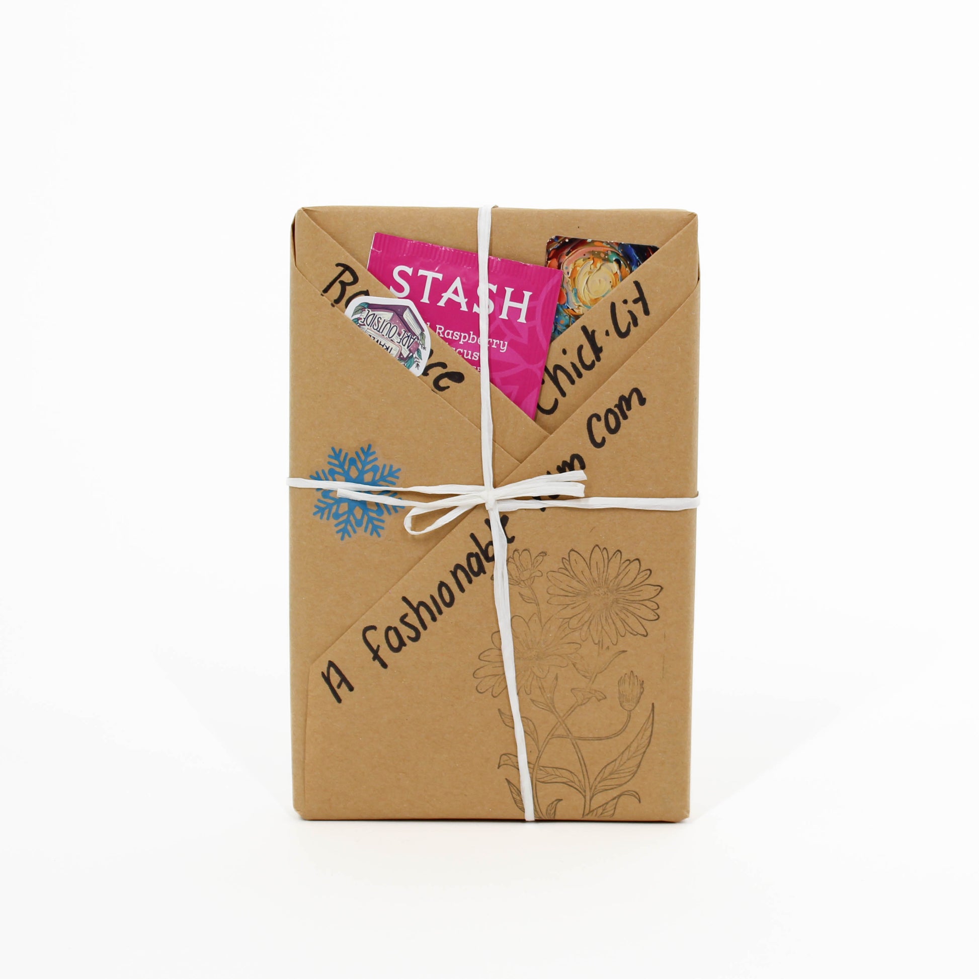 Book wrapped in brown paper with text and a logo on a white background