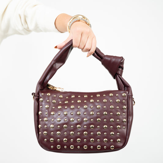 Brown faux leather studded shoulder bag