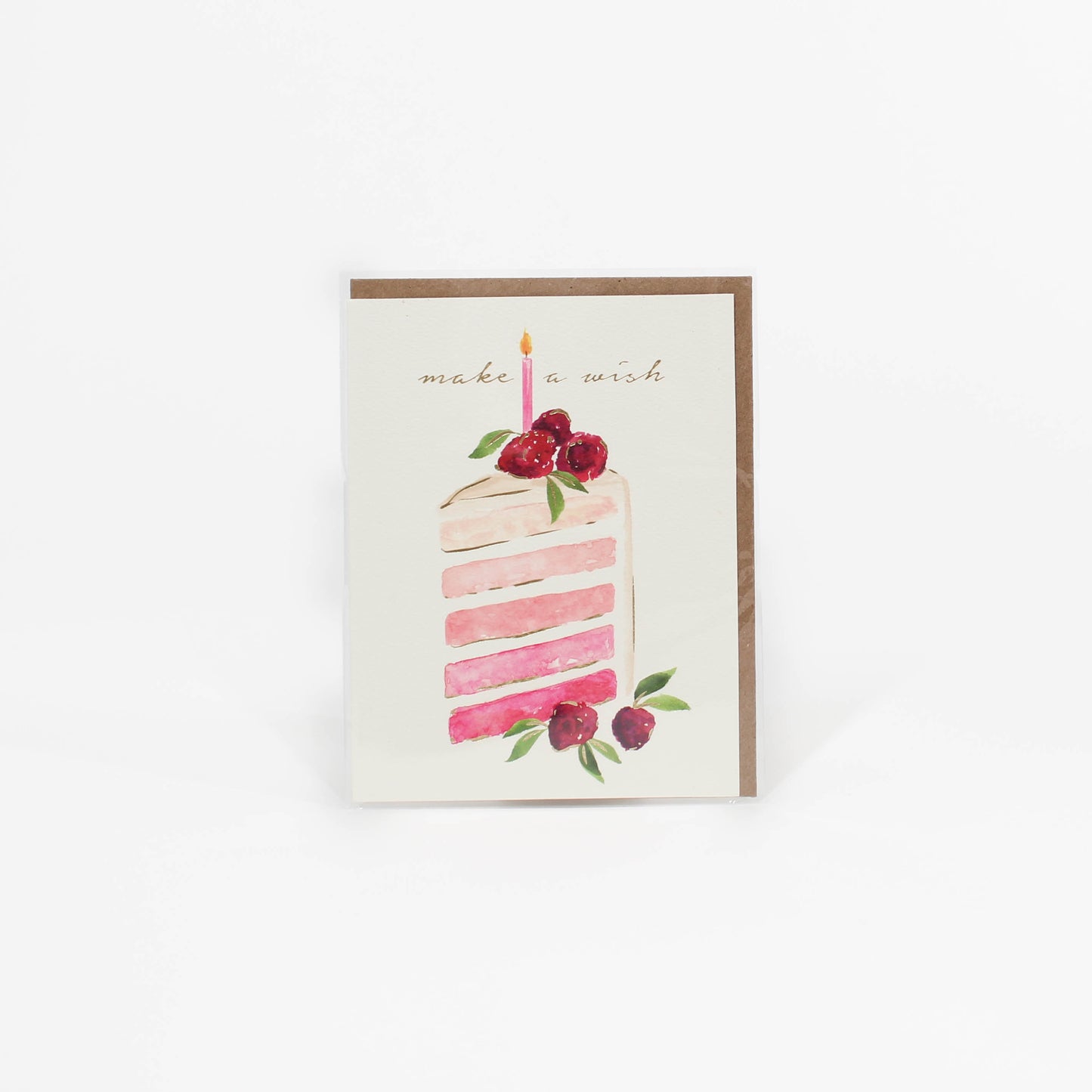 Greeting card with a watercolor cake illustration and 'make a wish' text on a white background