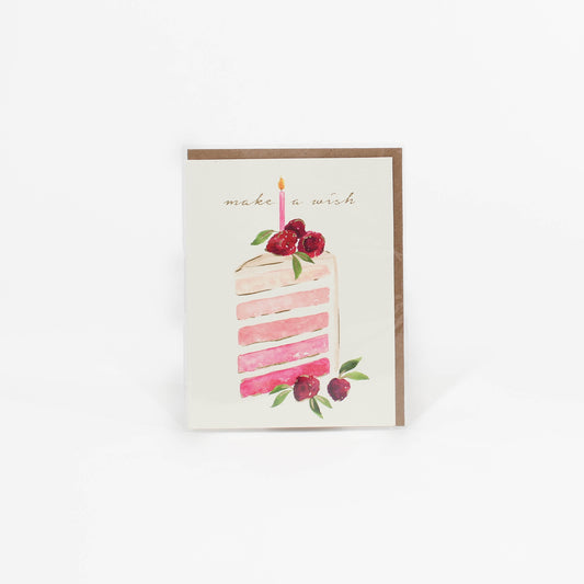 Greeting card with a watercolor cake illustration and 'make a wish' text on a white background