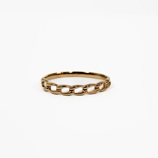 Gold chain link hinged bangle bracelet on a white background