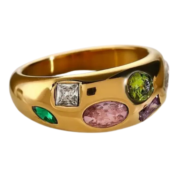 Chunky Rhinestone Ring gold and multicolor on white background
