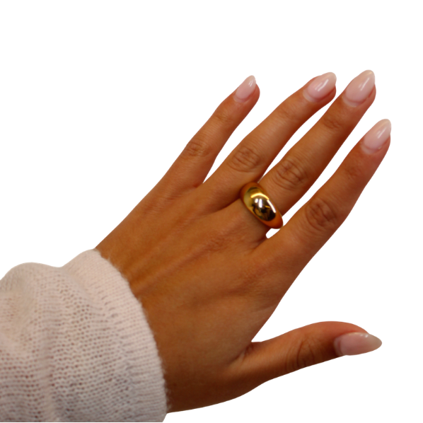 chunky gold ring on model hand