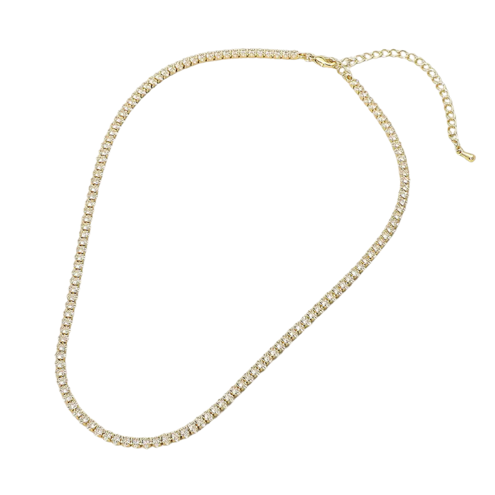 Crystal Tennis Chain Necklace gold on white background