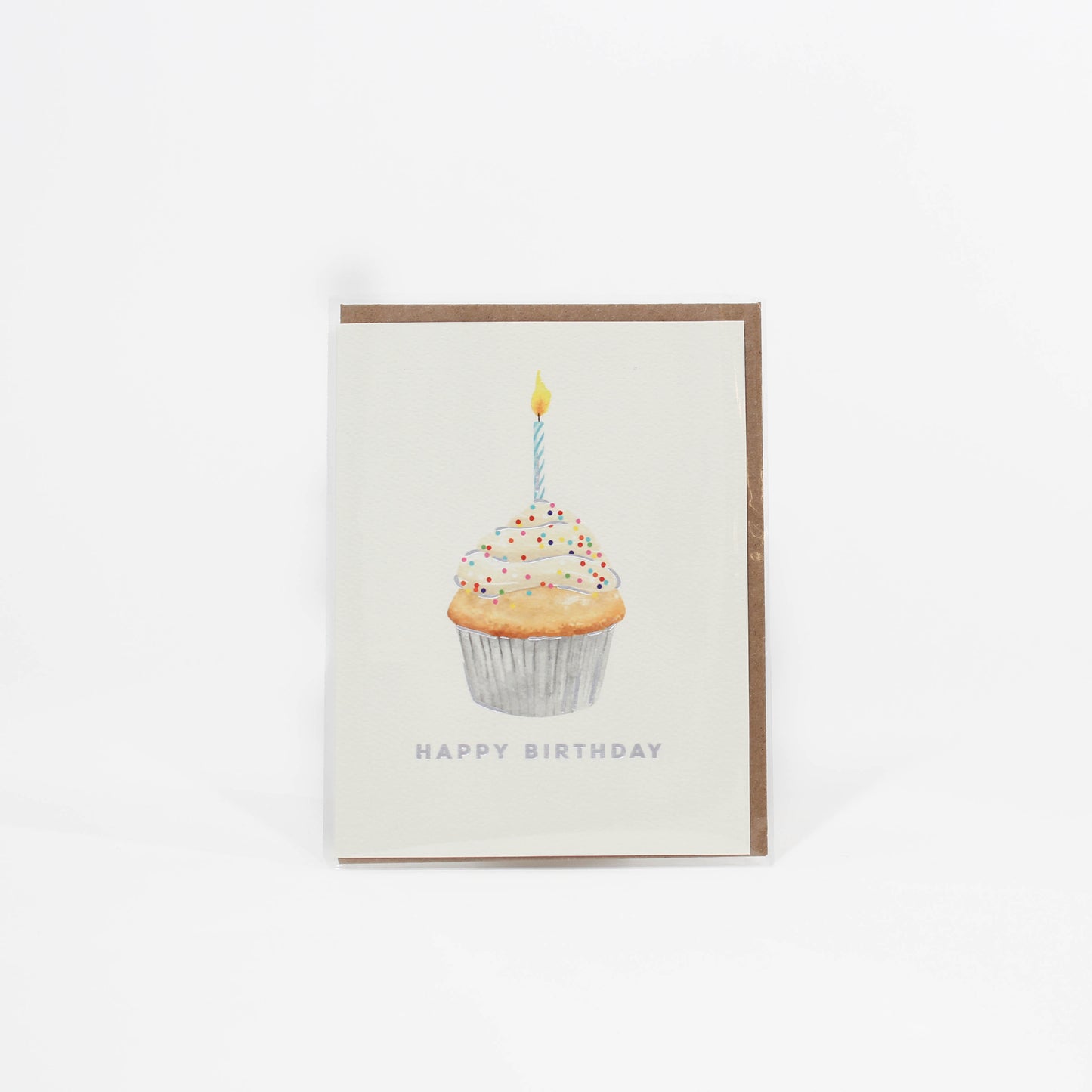 Card that says Happy Birthday with cupcake and candle on it
