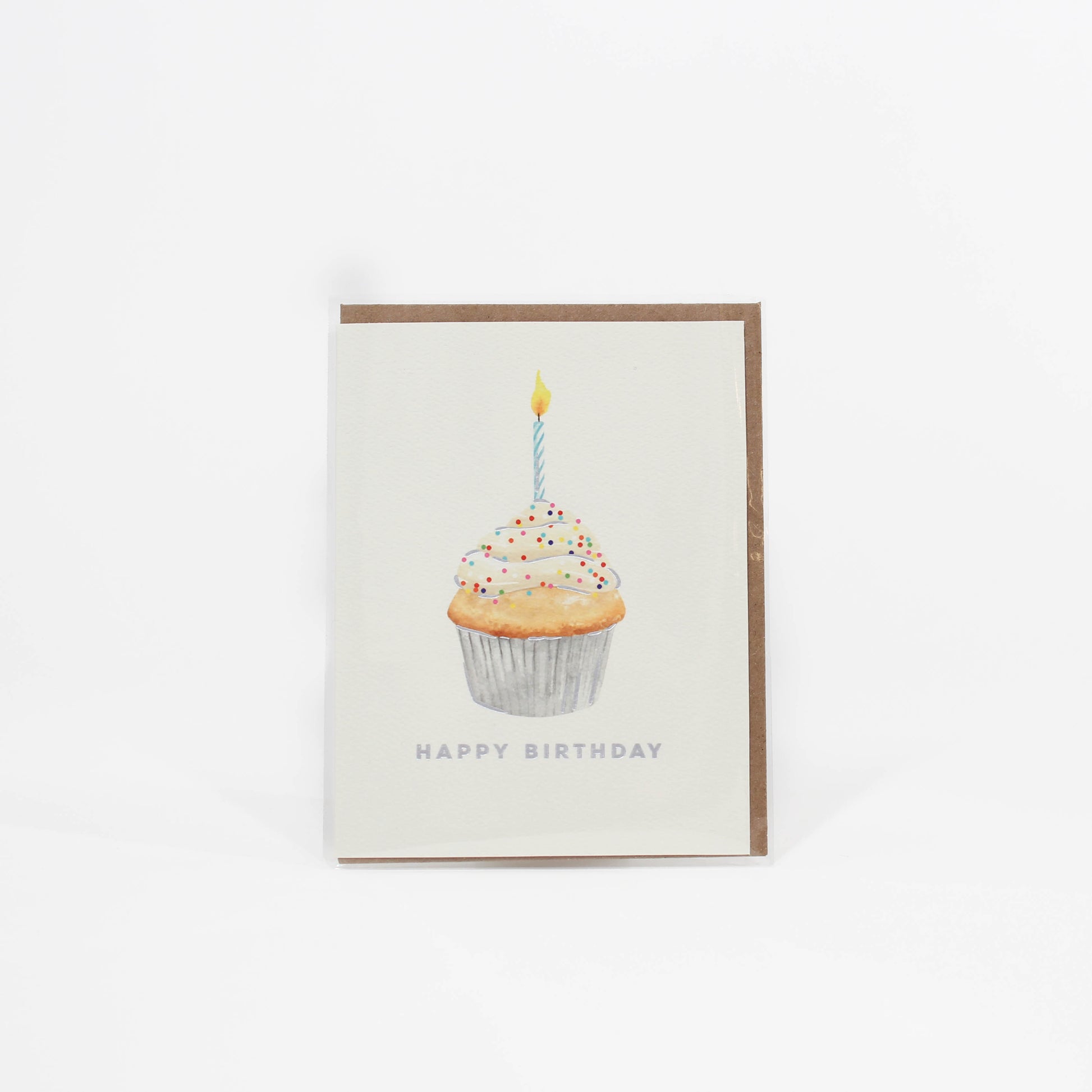 Card that says Happy Birthday with cupcake and candle on it