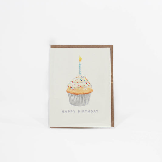 Card that says Happy Birthday with cupcake and candle on it
