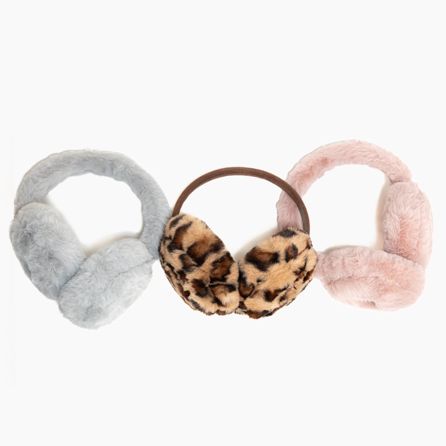 Light gray faux fur earmuffs, leopard faux fur earmuffs, light pink faux fur earmuffs