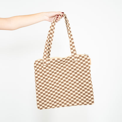 Tan and beige checkered tote bag